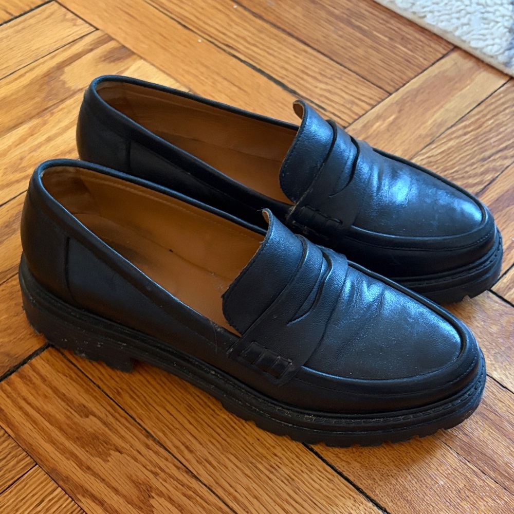 Sezane Albane Black Leather Penny Loafers with Lug Sole